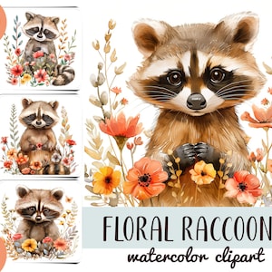 Clipart di procioni carini ad acquerello - procione con fiori su carta digitale - ritratto di procione floreale sublimazione JPG - illustrazione con animali