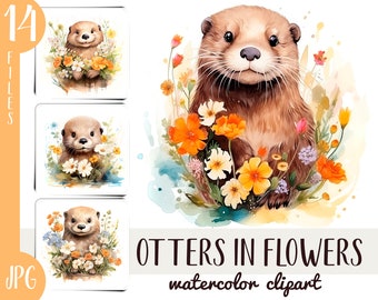 Watercolor cute otter clipart - otter with flowers digital paper - marten, river animals sublimation - floral otter JPG -tender illustration