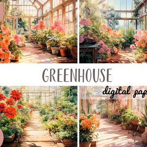 Clipart de estufa em aquarela - papel digital de jardim de flores - ilustrações de verão - bela paisagem natural - estufa, gráfico de estufa