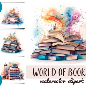 Mondo magico dell'acquerello dei libri clipart - libri carta digitale - lettura, fantasia, magia, positivo, illustrazioni arcobaleno - sublimazione del libro
