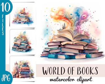 May include: A watercolour illustration of a stack of books with a magical, colourful swirl of paint coming from the top book. The text "WORLD OF BOOKS watercolour clipart" is at the bottom of the image.