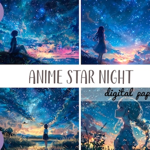 Clipart d'arrière-plans nuit étoilée - papier numérique japonais paysage nocturne - lune, lac, ciel étoilé - style dessin animé anime nature JPG