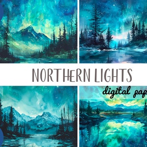 Watercolor northern lights clipart - aurora borealis digital paper - blue background JPG - nature sublimation -landscape with lights graphic