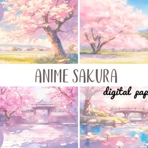 Anime Sakura Hintergrund - Rosa Anime Hintergründe Clipart - Japanische Landschaft digitales Papier - Kirschblüten Grafik - Anime Cartoon Stil JPG