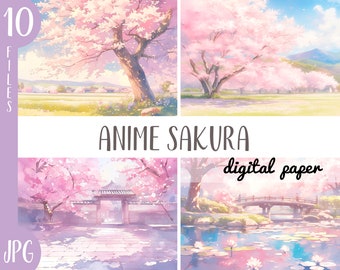 Anime Sakura Hintergrund - Rosa Anime Hintergründe Clipart - Japanische Landschaft digitales Papier - Kirschblüten Grafik - Anime Cartoon Stil JPG