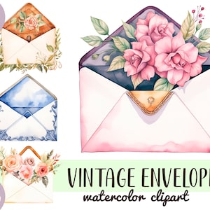 Clipart de sobres vintage de acuarela - Letras antiguas con ilustraciones de flores - Sublimación vintage romántica -papel de scrapbooking vintage PNG