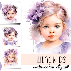 Bambini acquerellati con clipart di fiori lilla - bambino carino con un mazzo di fiori carta digitale - illustrazione per bambini - arte murale per la cameretta dei bambini - bambini floreali