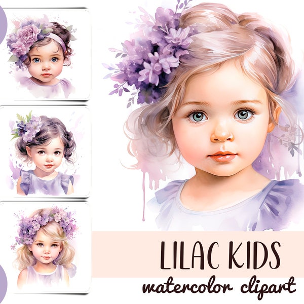 Watercolor children with lilac flowers clipart - cute child with a bouquet digital paper-kid illustration-wall art for nursery-floral babies