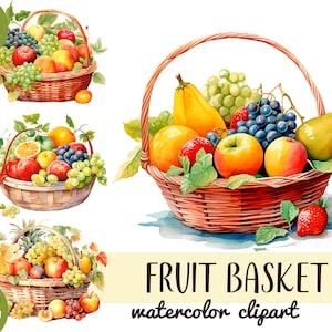 Clipart de cestas de frutas em aquarela - ilustrações de cestas de vime - sublimação de frutas de verão - uvas, laranjas, peras, composição de maçãs e frutas