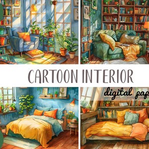 Aquarell gemütliche Innenraum Clipart - Wohnzimmer, Schlafzimmer Illustrationen - süße Raumgrafiken - Illustrationen für Kinder - digitales Papier JPG