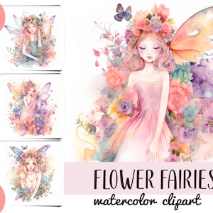 Clipart di fate dei fiori ad acquerello - sublimazione di fate dolci JPG - grafica di fiori delicati - colori pastello - composizioni floreali primaverili