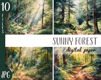 Watercolor sunny forest clipart - woodland digital paper - green background JPG - park, wood, trees, sun nature sublimation - sun light art