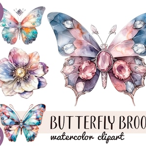 Aquarell Schmetterling und Blumen Brosche Clipart - Edelstein Schmuck PNG - Vintage Brosche Illustrationen - Antike Blumen Schmuck digitales Bild