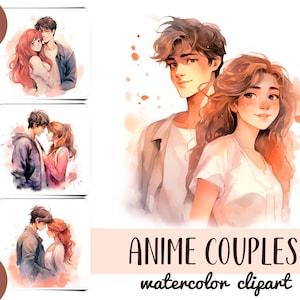Anime Couple Clipart: Japanese Watercolor Illustrations (JPG)