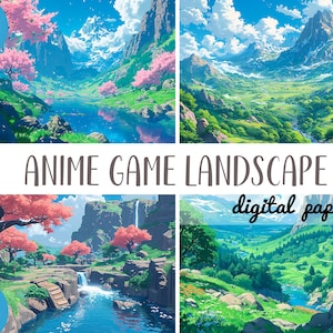 Anime achtergronden clipart - china videogame, Japans middaglandschap digitaal papier - anime cartoon stijl natuur sublimatie JPG