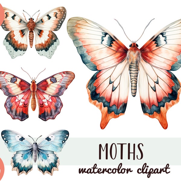 Watercolor moths clipart - beautiful butterfly PNG -  entomology illustrations -  Mystical Moth digital image - Scrapbook, Junk Journal