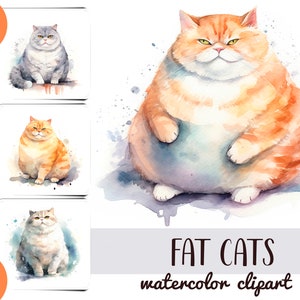 Imágenes prediseñadas de gatos gordos de acuarela - papel digital de gatitos gordos divertidos - sublimación de mascotas gordas - gráficos de gatos persas - ilustración de gato de casa grande JPG