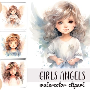 Aquarell niedliche Engel Clipart - kleines Mädchen mit Flügeln Sublimation JPG - zarte Porträt Grafiken -Pastellfarben-Baby Engel, Kind Cherub