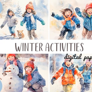 Clipart de atividades de inverno em aquarela - ilustrações de inverno para livros infantis - cartões postais sobre a infância - crianças fofas e felizes - neve, trenó