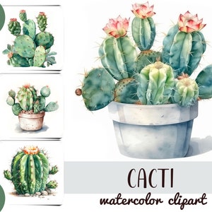 Imágenes prediseñadas de cactus de acuarela - cactus en una ilustración digital de maceta - sublimación suculenta floreciente - papel digital de plantas de interior - JPG verde