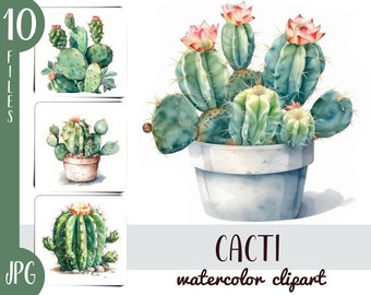 Watercolor cacti clipart - cactus in a pot digital illustration - flowering succulent sublimation - indoor plants digital paper - green JPG