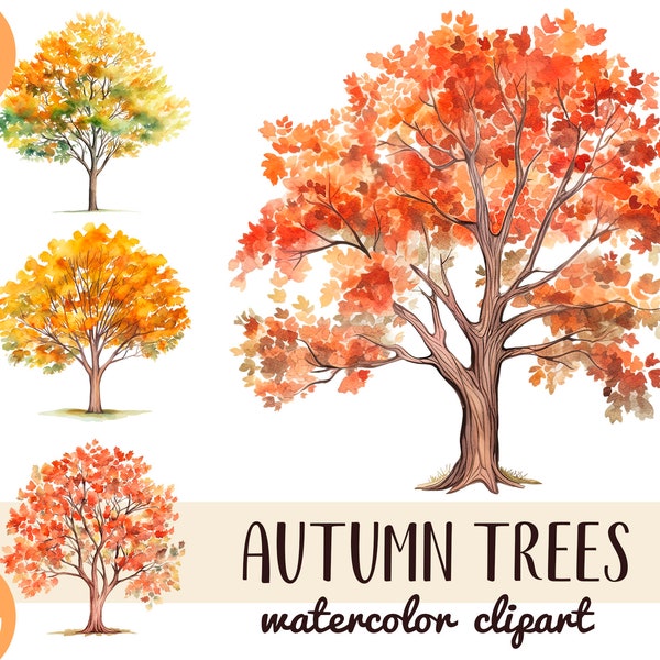 Aquarelle arbres d’automne clipart - clip en bois ar - feuilles jaunes, orange - sublimation de récolte - aquarelle numérique - graphiques nature PNG