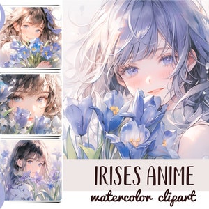 Clipart anime ragazza iris acquerello - carta digitale fiori giapponesi - illustrazioni delicate in stile giapponese - graziose ragazze anime floreali
