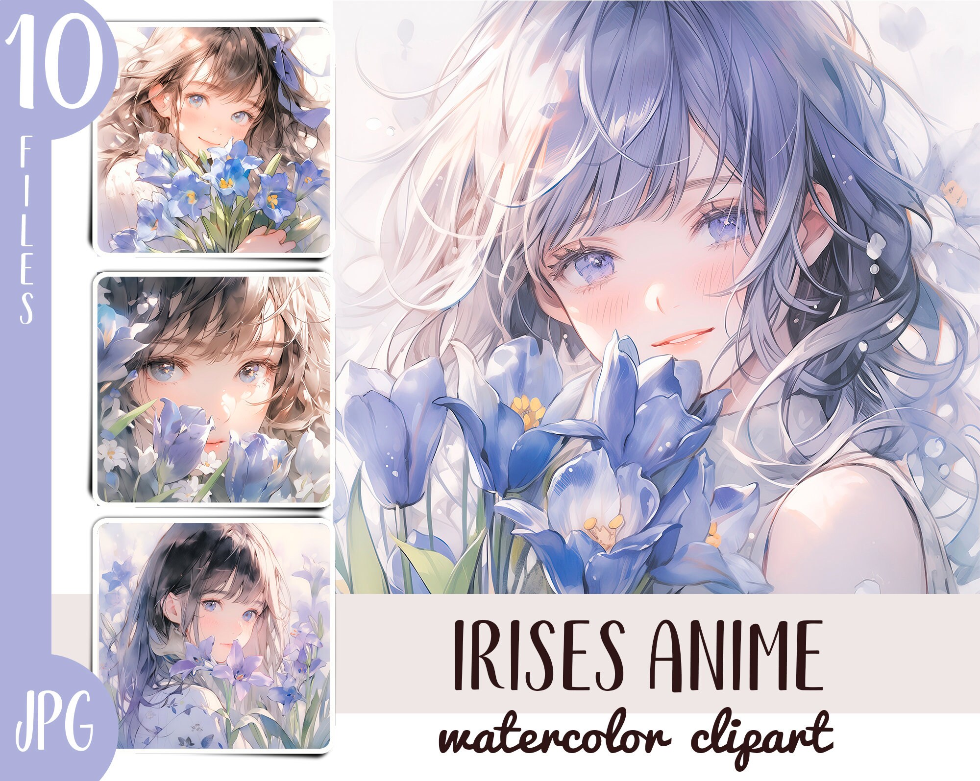Watercolor Irises Anime Girl Clipart: Japanese Floral Illustrations (Digital Paper)
