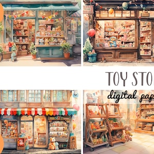Aquarell Spielzeugladen Clipart - Ladenfassade digitales Papier - Laden mit Plüschtier, Puppen, Waren für Kinder-Stadtbild und Ladeninnenraum JPG