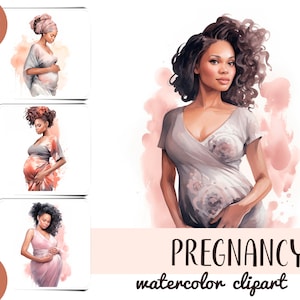 Clipart de gravidez de mãe de pele escura em aquarela - ilustração marrom fofa mãe-terno-retrato de mulher negra- floral maternidade JPG-dia das mães