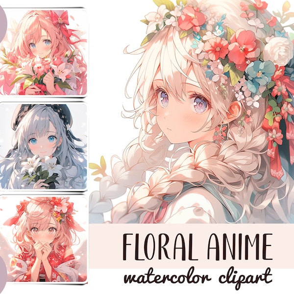 Watercolor floral anime clipart - cute girl with flowers digital paper - delicate illustrations in Japanese style - carnation, lilies anime