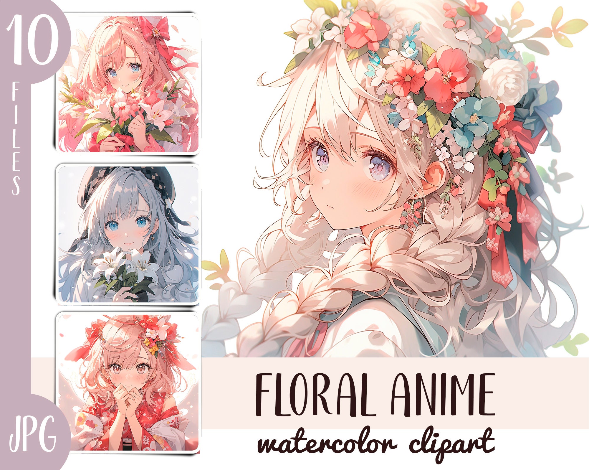 Watercolor floral anime clipart - cute girl with flowers digital paper - delicate illustrations in Japanese style - carnation, lilies anime