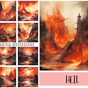 Clipart d'enfer à l'aquarelle - papier numérique de paysage souterrain - arrière-plan du monde fantastique JPG - les abysses, la géhenne, le purgatoire, les enfers, le feu