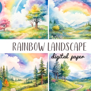 Clipart di paesaggio arcobaleno ad acquerello - illustrazioni del cielo - paesaggio fantasy con nuvole carta digitale - grafica della natura blu, verde e gialla