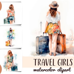 Aquarelle filles voyageurs clipart - une femme avec une sublimation de valise - aventure papier numérique -avion voyage-vue arrière-vacances graphiques