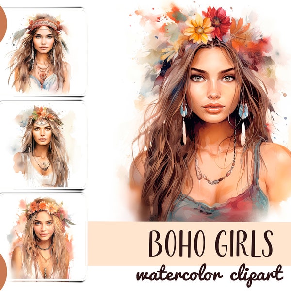 Watercolor boho womans clipart - beautiful bohemian girls JPG - girls in headscarves -digital illustration oriental style - Junk Journal Art