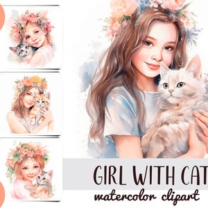 Filles aquarelles avec des chats clipart - sublimation de chatons mignons JPG - graphismes délicats de fleurs - couleurs pastel - compositions florales printanières