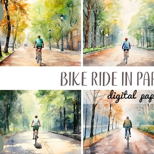 Clipart aquarelle de balade à vélo - graphique de l'allée du parc - papier numérique vélo et parc verdoyant - Illustration en plein air - paysage d'été JPG