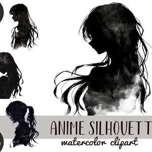 Anime Girl Watercolor Silhouette Clipart: Kawaii Graphics (PNG)