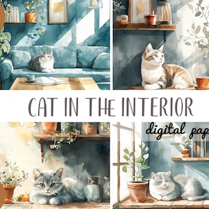 Acquerello interno con clipart di gatto - simpatico gattino sublimazione JPG - grafica di animali domestici - gatto nella stanza - illustrazione per bambini