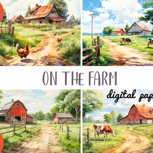 Aquarell auf dem Bauernhof Clipart - Bauernhof, Gehöft digitales Papier - Sommer Illustrationen - schöne Naturlandschaft - Bäume, Land, Tiere