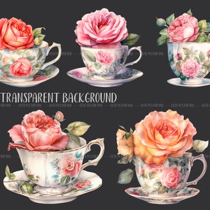 Watercolor vintage cups with roses retro tea mugs PNG-vintage roses pastel colors delicate illustrations antique flower arrangements image 6