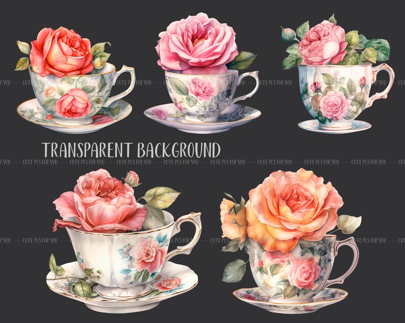 Watercolor vintage cups with roses retro tea mugs PNG-vintage roses pastel colors delicate illustrations antique flower arrangements image 6