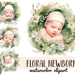 Clipart de bebês florais em aquarela - bebê recém-nascido com flores - bebê fofo PNG - arranjo de flores - ternura maternidade-crianças sublimação
