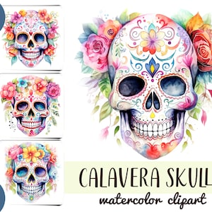 Aquarell Calavera Schädel Porträts Cliparts - mexikanische Traditionen - Tag der Toten - Schädel und Blumen, Dia de Los Muertos, mexikanischer Halloween