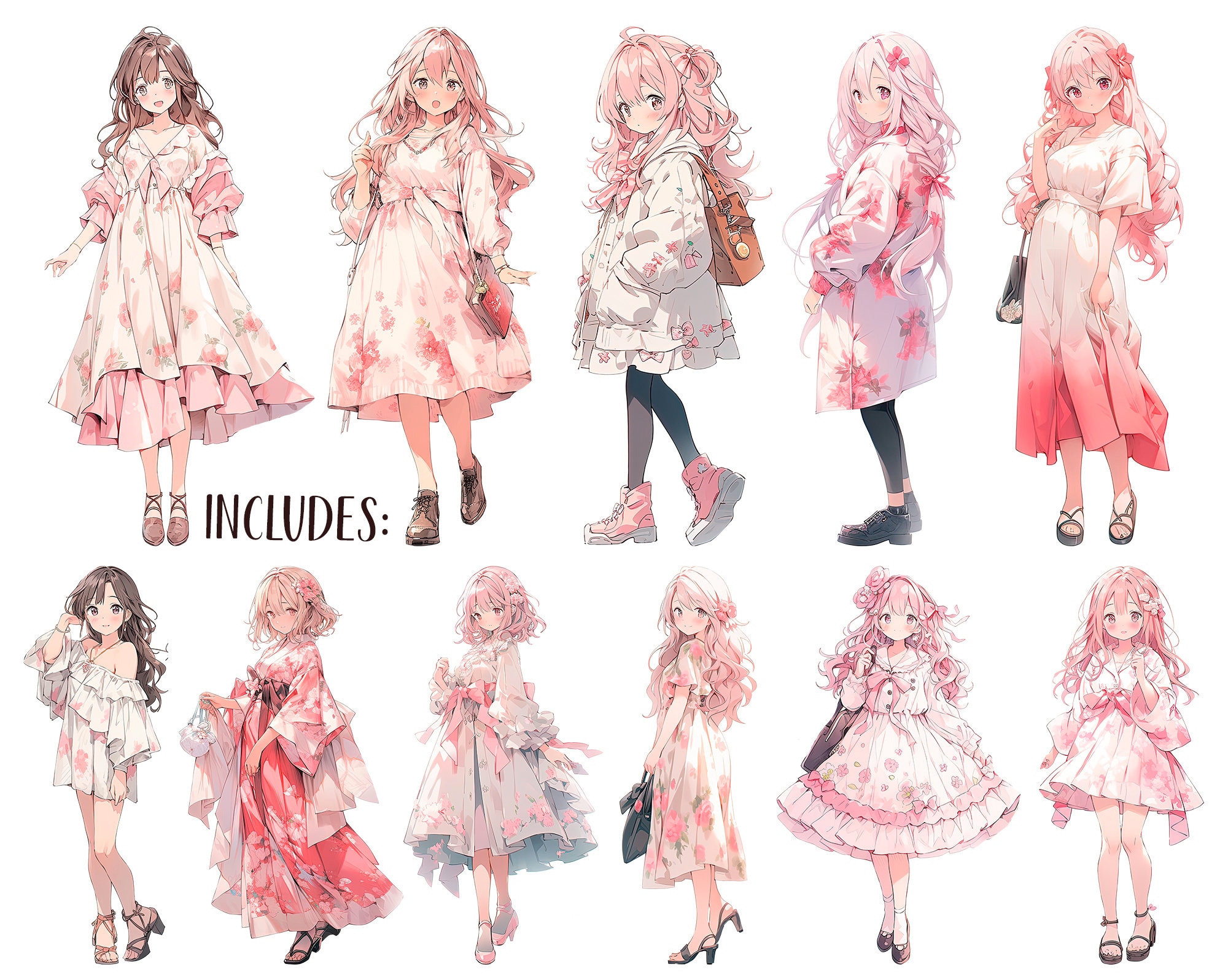 cute dress anime Watercolor Sakura Anime Girl Clipart: Floral Pastel PNG (digital Download)