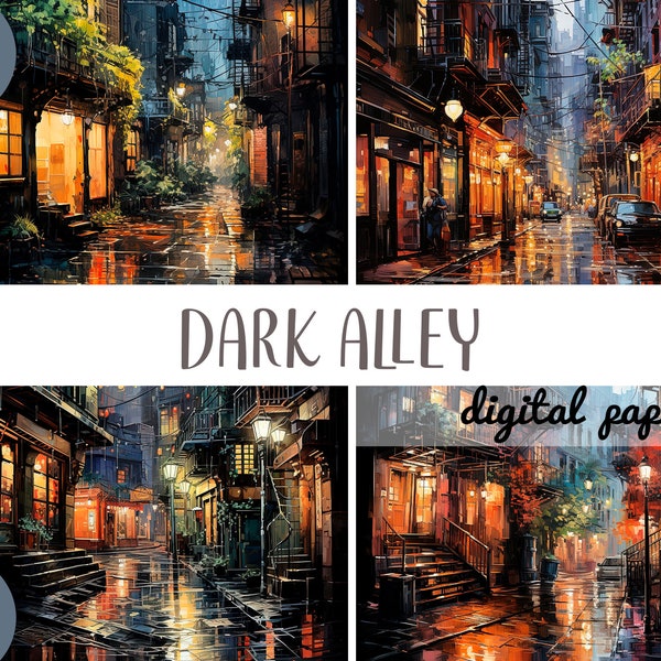 Watercolor dark alley clipart - evening street graphic -  atmosphere of big city digital paper-evening lights JPG-New York background