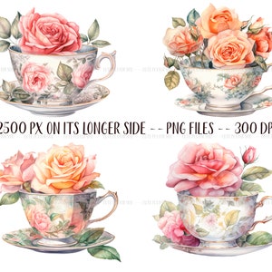 Watercolor vintage cups with roses retro tea mugs PNG-vintage roses pastel colors delicate illustrations antique flower arrangements image 7