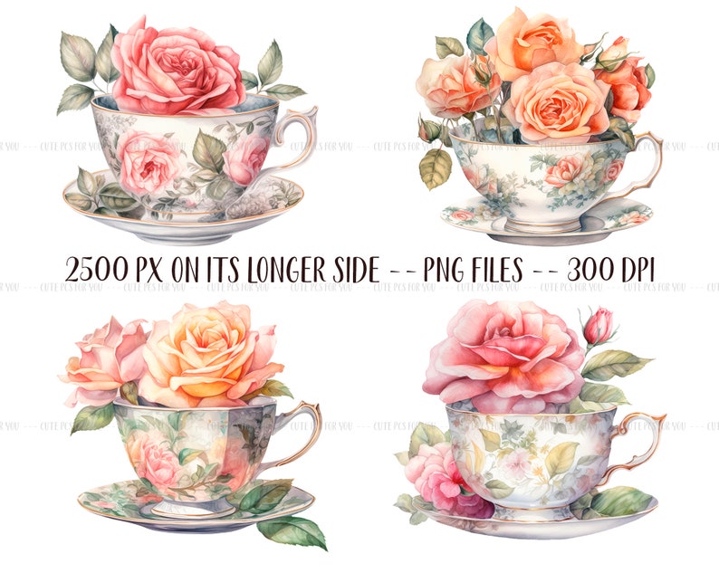 Watercolor vintage cups with roses retro tea mugs PNG-vintage roses pastel colors delicate illustrations antique flower arrangements image 7