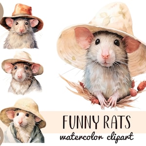 Può includere: Clipart ad acquerello con tre adorabili ratti che indossano cappelli. I ratti hanno pelo grigio e marrone, nasi rosa, su sfondo bianco. È incluso anche il testo "FUNNY RATS watercolor clipart".